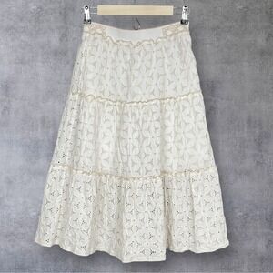 Vivienne Tam Boho Cottagecore Eyelet Tiered Skirt XS Ruffle Romantic Coastal